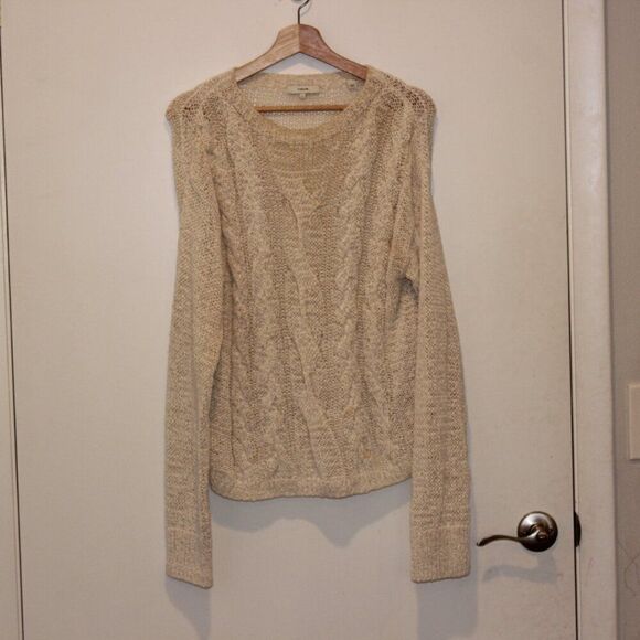 Vince Cream  Cotton Blend Crew Neck Cable Knit Sweater Women's Size L - Picture 4 of 9